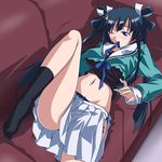  black_hair black_legwear blue_eyes blush kikuchi_tsutomu leg_up long_hair mole navel one_eye_closed ookami-san ribbon ryuuguu_otohime school_uniform skirt socks solo twintails 