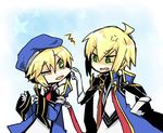  1girl ahoge angry bad_id bad_pixiv_id beret blazblue blonde_hair cheek_pinching gloves green_eyes hat jin_kisaragi lowres noel_vermillion pinching rate_(aok1) uniform wince 