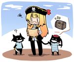  ? animalization ascot bandana blonde_hair chibi fang francesca_lucchini frown hat jolly_roger long_hair luu miyafuji_yoshika pantyhose perrine_h_clostermann pirate silhouette_demon skull_and_crossed_swords strike_witches sword tail treasure_chest twintails weapon world_witches_series 