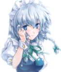  blue_eyes braid izayoi_sakuya kuzuryuu_kennosuke maid maid_headdress short_hair silver_hair solo touhou twin_braids 