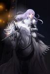  armor barding cait knight light long_hair original purple_eyes riding silver_hair solo unicorn 