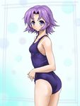  blue_eyes blush k@non latooni_subota one-piece_swimsuit purple_eyes school_swimsuit short_hair simple_background solo super_robot_wars super_robot_wars_original_generation swimsuit 