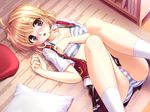  bekkankou blonde_hair blush bra breasts brown_eyes fortune_arterial game_cg lingerie lying non-web_source on_back open_clothes open_mouth open_shirt panties pantyshot pantyshot_(lying) pillow school_uniform shirt short_hair small_breasts solo striped striped_bra striped_panties underwear yuuki_kanade 