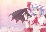  bad_id bad_pixiv_id bat_wings blue_hair bow chocho_(homelessfox) cup dress drinking_glass fang flower hat multicolored multicolored_rose open_mouth pink_flower pink_rose red_eyes red_flower red_rose remilia_scarlet rose short_hair smile solo spill touhou white_flower white_rose wine_glass wings wrist_cuffs 