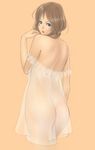  ass back bad_id bad_pixiv_id bare_shoulders blue_eyes brown_hair chemise copyright_request hayama_kazusa lingerie long_hair looking_back no_bra no_panties off_shoulder see-through simple_background solo underwear 