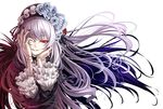  berries covering_one_eye doll_joints flower frills hairband hands_on_own_face red_eyes rose rozen_maiden shiokonbu silver_hair smirk solo suigintou white_flower white_rose wings 