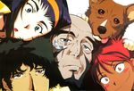  2girls bald beard black_eyes black_hair blush_stickers brown_eyes cowboy_bebop dog edward_wong_hau_pepelu_tivrusky_iv ein_(cowboy_bebop) everyone face facial_hair faye_valentine green_eyes grimace hairband jet_black multiple_boys multiple_girls orange_eyes purple_hair red_hair scar short_hair smile spike_spiegel tongue welsh_corgi 