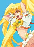  blonde_hair blue_background bow choker cure_sunshine heartcatch_precure! long_hair magical_girl midriff momoco_(anemone) myoudouin_itsuki navel orange_choker orange_skirt precure skirt solo yellow_bow yellow_eyes 