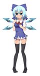  ass_visible_through_thighs bad_id bad_pixiv_id black_legwear blue_eyes blue_hair bow breasts cirno dress full_body hair_bow highres kinakomoti looking_at_viewer microdress no_panties short_hair short_sleeves simple_background solo standing thighhighs touhou wings zettai_ryouiki 