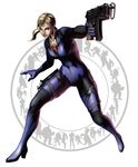  amulet blonde_hair blue_eyes bodysuit gun handgun highres jill_valentine machine_pistol marvel marvel_vs._capcom marvel_vs._capcom_3 mori_toshiaki official_art ponytail resident_evil resident_evil_5 skorpion_vz._61 solo submachine_gun weapon 