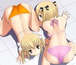  all_fours ass back bikini blonde_hair brown_eyes from_above katatsuka_kouji long_hair looking_at_viewer looking_back looking_up mana_(katatsuka_kouji) mina_(katatsuka_kouji) multiple_girls original rotational_symmetry siblings sisters swimsuit twins twintails 