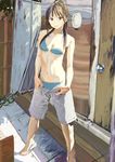  :p absurdres bad_id bad_pixiv_id bikini bikini_under_clothes brown_eyes brown_hair copyright_request highres long_hair navel open_fly ponytail sandals shorts shuku solo swimsuit swimsuit_under_clothes tongue tongue_out traditional_media unzipped 
