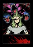  attack blood cave comic eyepatch geechisu_(pokemon) gen_5_pokemon green_hair hydreigon kurobis long_hair male_focus pokemon pokemon_(creature) pokemon_(game) pokemon_bw red_eyes sharp_teeth silent_comic teeth 