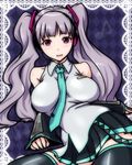  between_breasts black_legwear breasts clearite cosplay detached_sleeves hatsune_miku hatsune_miku_(cosplay) highres idolmaster idolmaster_(classic) large_breasts long_hair musical_note necktie pleated_skirt purple_eyes shijou_takane silver_hair skirt solo thighhighs twintails vocaloid zettai_ryouiki 