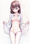  :o blush bra breasts brown_hair cameltoe cleavage lasterk lingerie long_legs looking_at_viewer medium_breasts navel no_pants open_clothes open_shirt original panties shirt solo thigh_gap traditional_media underwear watercolor_pencil_(medium) 