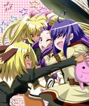  ahoge animal_ears ayase_yue backpack bag blonde_hair blue_hair closed_eyes collet_falandoll dog_ears emily_sevensheep hug mahou_sensei_negima! miyazaki_nodoka multiple_girls purple_eyes purple_hair pururun_z twintails wince 