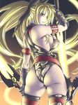  anime ass bardiche beautiful blonde_hair cheeks fate_testarossa from_behind large_breasts leather looking_back magic sexy side_boob thong weapons 