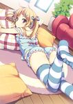  ass bare_arms blonde_hair brown_eyes camisole dutch_angle feet from_behind hair_ornament hair_ribbon hairclip long_hair long_legs looking_at_viewer looking_back lying mmu on_stomach original pillow pillow_hug ribbon shiny shiny_skin skindentation sleeveless solo strap_slip striped striped_legwear thighhighs twintails 