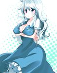  blue_eyes breast_press breasts cleavage highres kamishirasawa_keine large_breasts long_hair notsuki_miko silver_hair solo touhou 