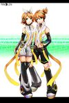  1girl arm_warmers blonde_hair brother_and_sister detached_sleeves green_eyes hair_ribbon headphones highres kagamine_len kagamine_len_(append) kagamine_rin kagamine_rin_(append) leg_warmers navel ribbon short_hair shorts siblings smile twins umimami vocaloid vocaloid_append 