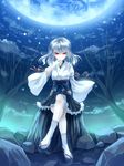  bad_id bad_pixiv_id banned_artist blue cloud crossed_legs detached_sleeves finger_to_mouth frills full_moon japanese_clothes moon night obi original paseri red_eyes rock sash silver_hair sitting solo tabi tree 