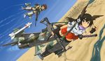  adapted_uniform animal_ears assault_rifle bad_id bad_pixiv_id battle_rifle black_hair bomb brown_eyes costume_combination dakku_(ogitsune) desert f-1 full_body glasses gun head_wings howa_type_64 howa_type_89 missile multiple_girls nontraditional_miko rifle river strike_witches_1991 sword tail uniform v weapon world_witches_series 