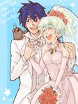  1girl blue_hair boota bow bowtie couple dress earrings english flower gloves happy hetero holding_hands jewelry multicolored_hair nia_teppelin simon smile tegaki tengen_toppa_gurren_lagann tuxedo two-tone_hair veil wedding_dress 