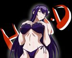  bare_shoulders blue_eyes blush bra breasts busujima_saeko from_below highschool_of_the_dead konbi_ani large_breasts lingerie long_hair navel panties purple_hair side-tie_panties simple_background solo underwear underwear_only 