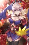  1girl autumn autumn_leaves bare_shoulders breasts cleavage closed_mouth collarbone commentary_request eyebrows_visible_through_hair fate/grand_order fate_(series) hair_between_eyes hair_ornament highres holding holding_sword holding_weapon japanese_clothes katana large_breasts leaf leaves_in_wind looking_at_viewer miyamoto_musashi_(fate/grand_order) navel open_eyes ponytail purple_eyes sheath short_hair silver_hair solo sword weapon yu-hi 