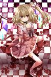  bad_id bad_pixiv_id blonde_hair blood blood_splatter blush bow checkered checkered_floor choker flandre_scarlet food hair_bow mouth_hold nanase_nao no_hat no_headwear perspective pocky ponytail red_eyes short_hair side_ponytail sitting solo thighhighs touhou white_legwear wings zettai_ryouiki 
