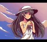  :&lt; black_hair cloud dress fingers frown gokou_ruri hat hime_cut letterboxed long_hair looking_at_viewer mole mole_under_eye ore_no_imouto_ga_konna_ni_kawaii_wake_ga_nai purple_eyes sky solo strap_slip sun_hat tom_(drpow) 