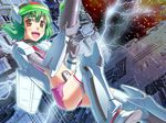  cosplay gloves green_hair gun macross macross_frontier mecha mecha_musume midriff nishiwaki ranka_lee shorts solo vf-25 vf-25_(cosplay) weapon 