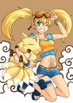  :&lt; blonde_hair blue_eyes bracelet cod.h cutoffs earrings genderswap genderswap_(mtf) goggles grin jewelry jumping kyuubi long_hair multiple_tails naruko naruto naruto_(series) navel one_eye_closed sandals shorts smile solo tail tattoo torn_clothes twintails 