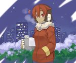  androgynous artist_request atlas brown_hair cityscape fur_trim headphones looking_afar lowres multicolored_hair outdoors plant red_eyes red_hair rockman rockman_zx rockman_zx_advent short_hair solo tree 