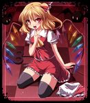  ascot blonde_hair checkered flandre_scarlet hat hat_removed headwear_removed ponytail red_eyes short_hair side_ponytail solo subaru_noji thighhighs touhou wings 