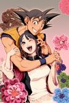  1girl black_eyes black_hair chi-chi_(dragon_ball) dragon_ball dragon_ball_z flower harumaki height_difference husband_and_wife lowres son_gokuu 