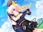  clouds game_cg green_eyes hug mikagami_mamizu neko_koi pink_hair sky toono_sayaka whirlpool 