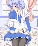  bad_id bad_pixiv_id bed black_eyes blue_hair braid chobits maid pantyhose sitting solo tenpura_(tenpura621) undressing window yuzuki 