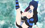  blue_eyes blue_hair bow breasts dress green_eyes masa_yuki nipples panties panty_&amp;_stocking_with_garterbelt stocking_(character) striped_panties thighhighs underwear upskirt 