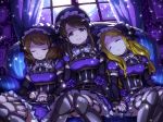  3girls aopanda blonde_hair brown_hair freckles head_on_shoulder idolmaster idolmaster_cinderella_girls looking_at_viewer mochizuki_hijiri multiple_girls nagatomi_hasumi nail_polish okuyama_saori sleeping smile 