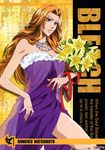  absurdres bleach blue_eyes breasts cleavage copyright_name dress flower highres jewelry jpeg_artifacts kubo_taito large_breasts legs long_hair matsumoto_rangiku mole mole_under_mouth nail_polish necklace official_art orange_hair red_nails solo thighs 