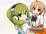  :d chan_co green_eyes green_hair hand_on_headphones headphones hibino_hibiki highres katsuragi_chikagi looking_at_viewer mahou_tsukai_no_hako multiple_girls open_mouth orange_eyes orange_hair smile twintails wallpaper 