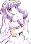  alternate_costume bare_shoulders blush bow coo crescent crescent_hair_ornament gloves hair_bow hair_ornament long_hair looking_back patchouli_knowledge purple_eyes purple_hair sketch solo touhou wings 