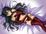  bed_sheet black_bow black_hair blue_eyes blush bow bra choker covering covering_breasts dakimakura detached_sleeves elbow_gloves fate/stay_night fate_(series) frilled_bra frilled_legwear frilled_panties frills gloves green_eyes groin hair_bow highres ishihara_megumi legs lingerie long_hair long_legs lying navel on_back panties red_bra red_choker red_legwear red_panties rotated scan side-tie_panties smile solo thighhighs toosaka_rin underwear underwear_only 