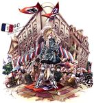  3boys armor bald blonde_hair blue_eyes boots car flag flower france french french_flag greaves ground_vehicle gun handgun helmet jeanne_d'arc kiyose_akame military motor_vehicle multiple_boys nazi nazi_flag original paris real_life revolver stahlhelm swastika tray waiter weapon world_war_ii 