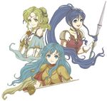  3girls aqua_eyes aqua_hair armor blue_eyes blue_hair braid cape circlet dress earrings eirika elbow_gloves fingerless_gloves fire_emblem fire_emblem:_seima_no_kouseki fire_emblem_sacred_stones friends gloves green_eyes green_hair happy jewelry l&#039;arachel l'arachel lance long_hair multiple_girls open_mouth pegasus_knight polearm ponytail princess short_hair smile staff sword tana twin_braids very_long_hair weapon white_thighhighs 