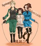  3girls axis_powers_hetalia belt blonde_hair boots brown_hair cross genderswap germany_(hetalia) gloves jacket japan_(hetalia) jump_rope jumping_rope multiple_girls necktie northern_italy_(hetalia) open_clothes open_jacket shirt short_grown skipping_rope skirt smile springseil the_axis uneasy uniform 