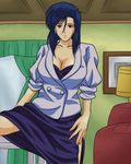  1girl blue_eyes blue_hair breasts city_hunter cleavage couch curtains earrings highres jewelry lamp large_breasts looking_at_viewer minashi_soft nogami_saeko short_hair skirt smile solo standing window 