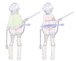  1girl arm_strap ass back ball_and_chain bare_shoulders boots bracer brown_panties chains closed_mouth contrapposto facing_away from_behind fur_trim holding holding_sword holding_weapon multiple_views nagisa_kurousagi original panties short_hair simple_background sword thigh_boots thighhighs underwear weapon white_background white_hair 