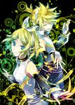  1girl blonde_hair blue_eyes brother_and_sister detached_sleeves elbow_gloves fingerless_gloves gloves hair_ornament hair_ribbon hairclip hairpin headphones kagamine_len kagamine_len_(append) kagamine_rin kagamine_rin_(append) popped_collar ribbon short_hair siblings smile twins vocaloid vocaloid_append yuzuki_karu 